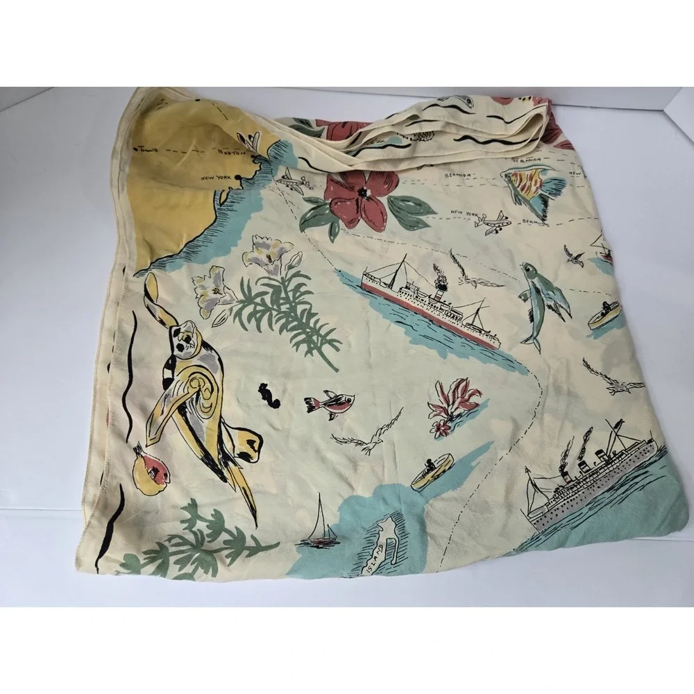 Vintage travel scarf‎ Bermuda flight routes Cruise paths tropical seahorse